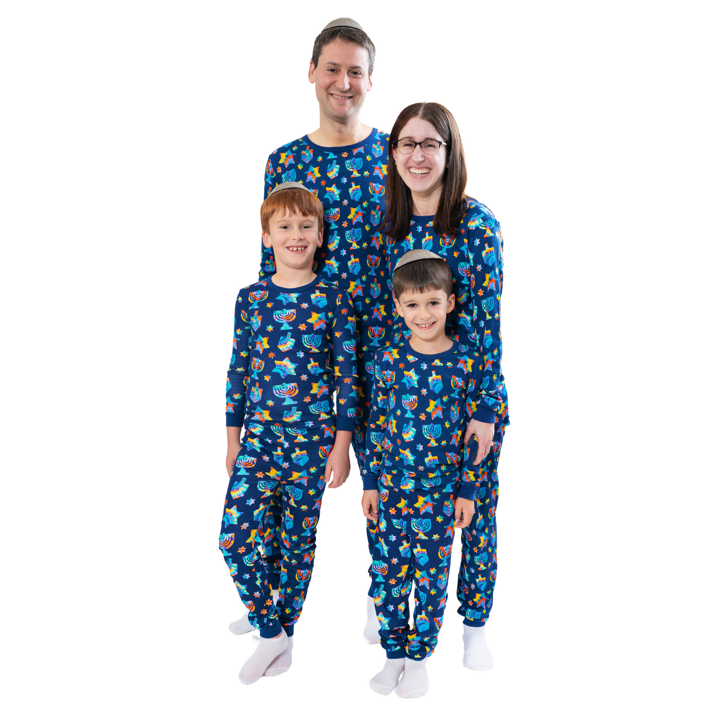 Tie Dye Hanukkah Pajamas! With bright colors and fun hanukkah shapes. Cozy and fun Hanukkah, Hanukah, Chanukah, Chanuka gifts for the whole family. The cutest and most colorful matching pajamas for Hanukkah!
