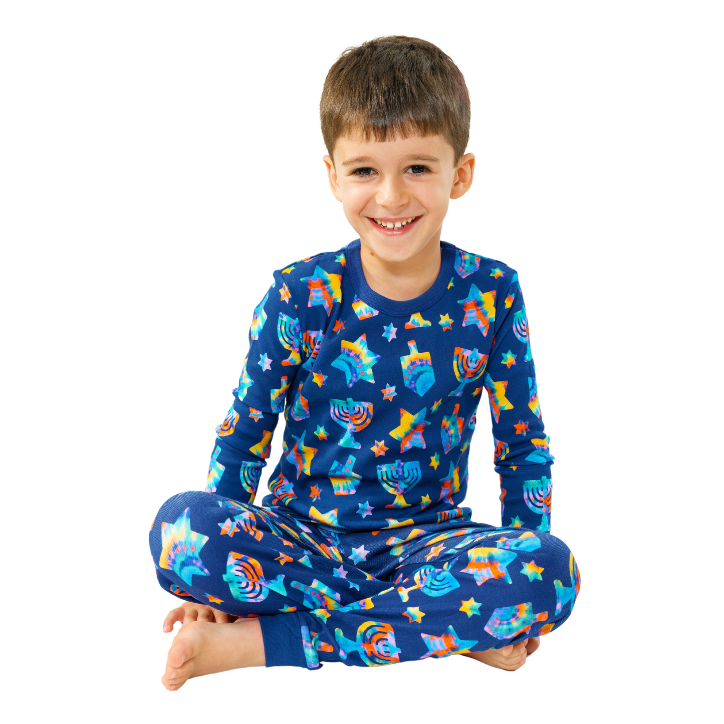 Tie Dye Hanukkah Pajamas! With bright colors and fun hanukkah shapes. Cozy and fun Hanukkah, Hanukah, Chanukah, Chanuka gifts for kids.