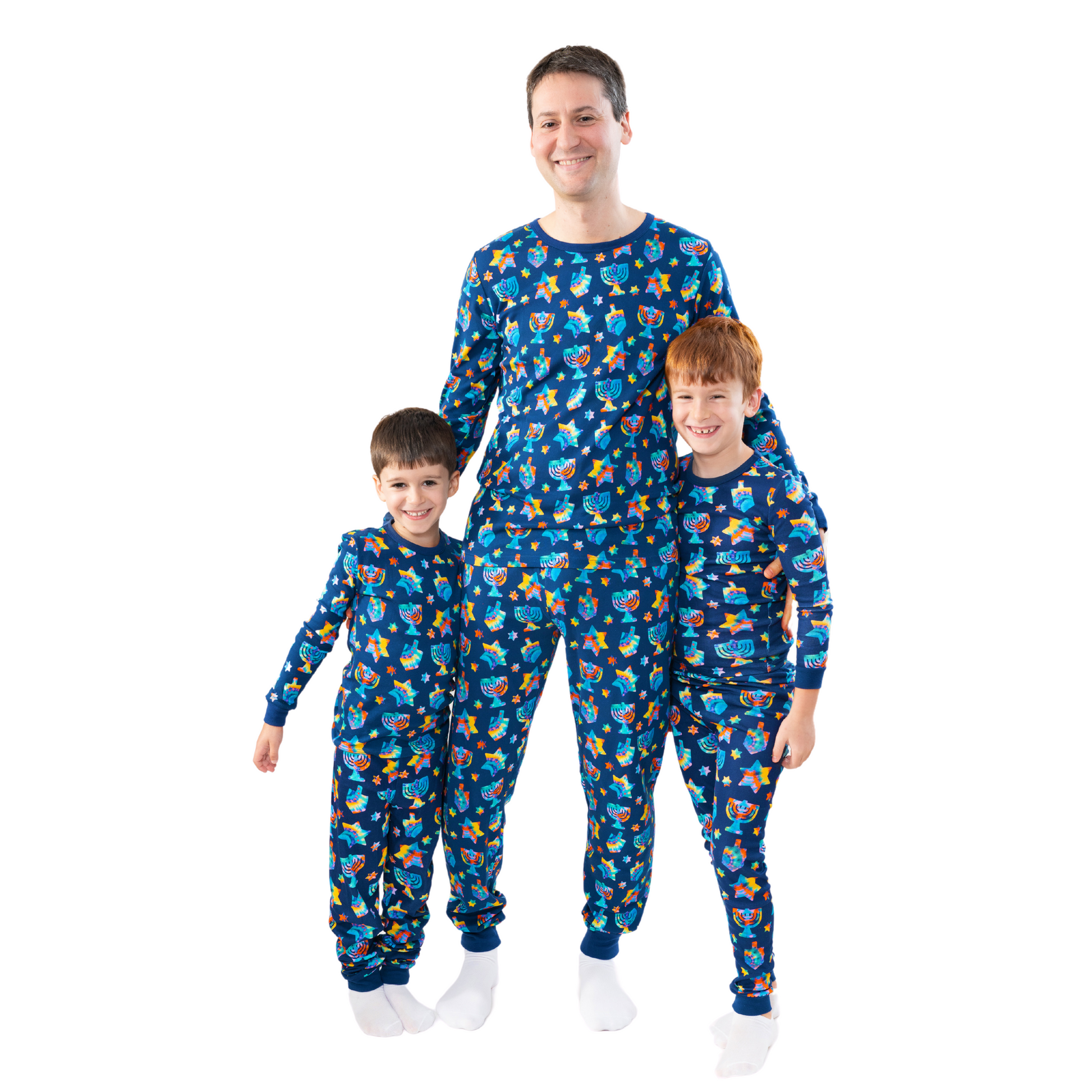 Tie Dye Hanukkah Pajamas! With bright colors and fun hanukkah shapes. Cozy and fun Hanukkah, Hanukah, Chanukah, Chanuka gifts for the whole family. The cutest and most colorful matching pajamas for Hanukkah!