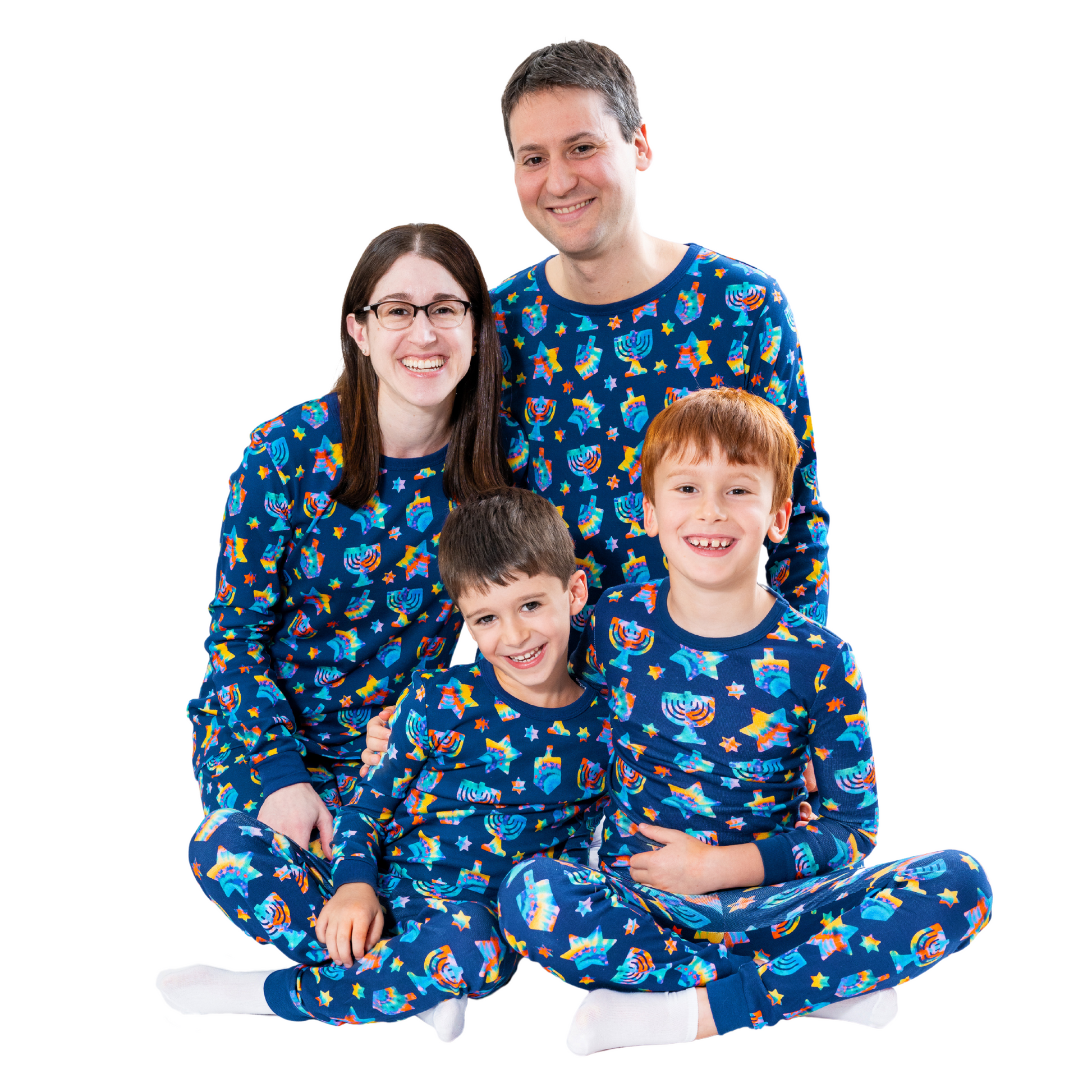 Tie Dye Hanukkah Pajamas! With bright colors and fun hanukkah shapes. Cozy and fun Hanukkah, Hanukah, Chanukah, Chanuka gifts for the whole family. The cutest and most colorful matching pajamas for Hanukkah!