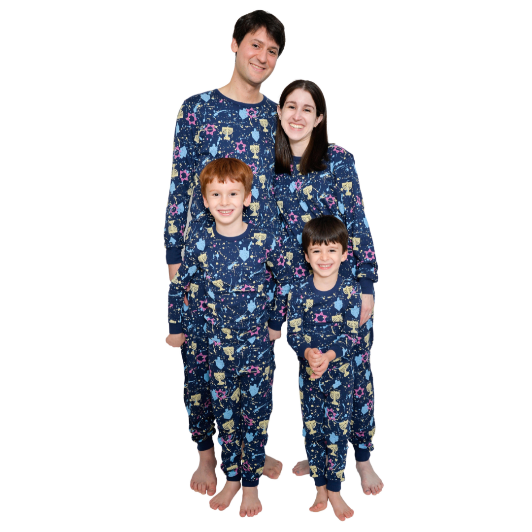 Splatter paint Hanukkah Pajamas for the whole family! Available in sizes for kids and adults. Fun 90s 90's Hanukkah pajamas. Retro 90's Hanukkah Chanukah Hanukah, Chanuka Pajamas. Great cozy Hanukkah gifts.